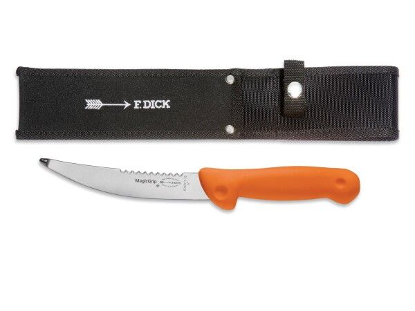 Dick Aufbrechmesser mit Anschnittwelle und Messerscheide (orange)