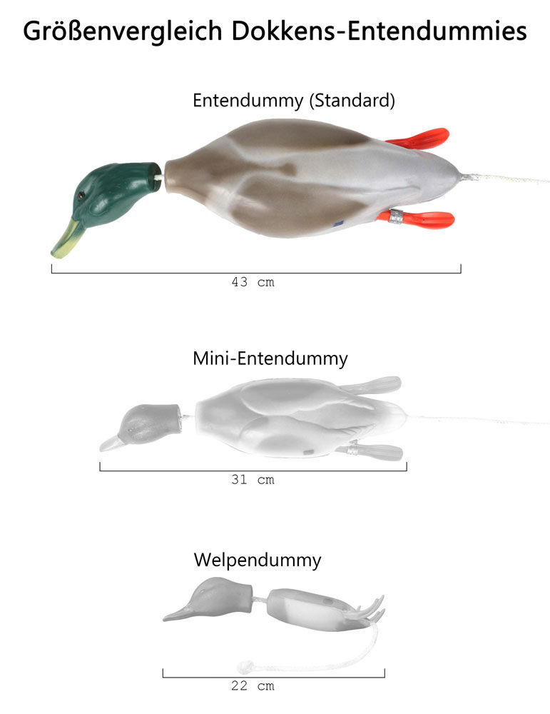 Drei Entendummies im Vergleich - unten der kleinste für Welpen, darüber der mittlere, oben der große (normale Größe