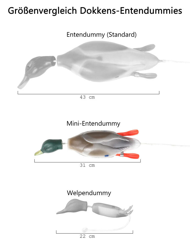 Drei Entendummies im Vergleich - unten der kleinste für Welpen, darüber der mittlere, oben der große (normale Größe