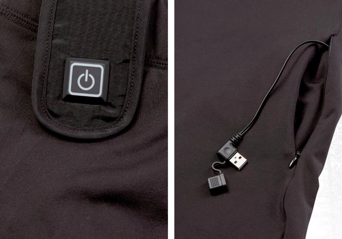 Detailansicht des USB-Kabels und des An-Aus-Knopfes an einem Deerhunter-Heizkleidungsstück